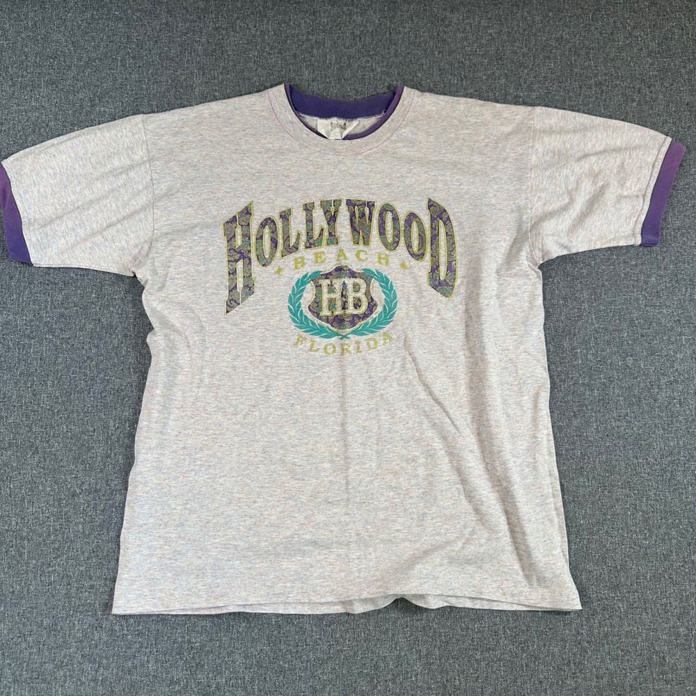 Vintage Carolina Smile Hollywood Beach Florida Ringer Tee Gray‎ Purple L/XL USA